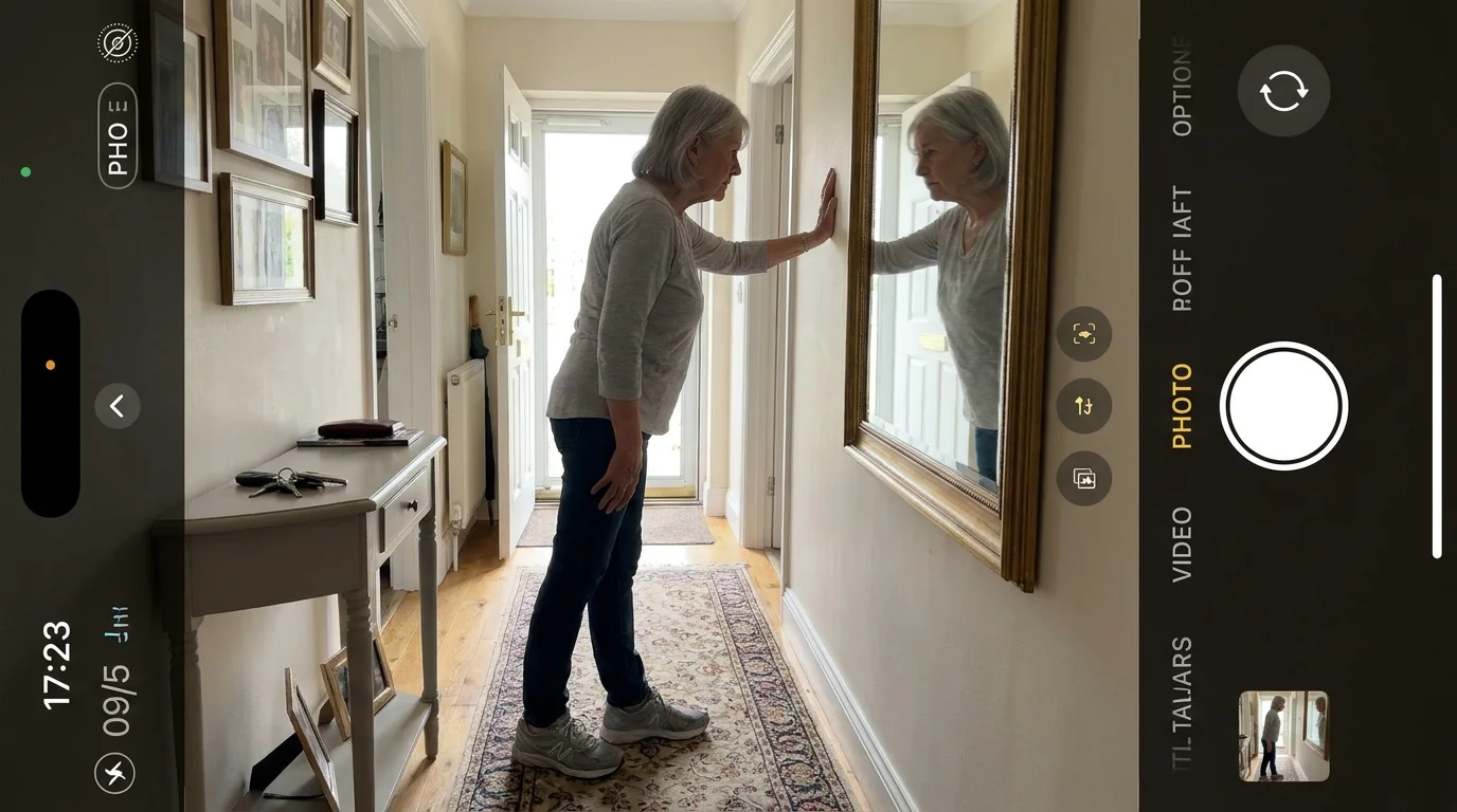 A senior woman checks her posture in a hallway mirror while doing a gentle stretch.