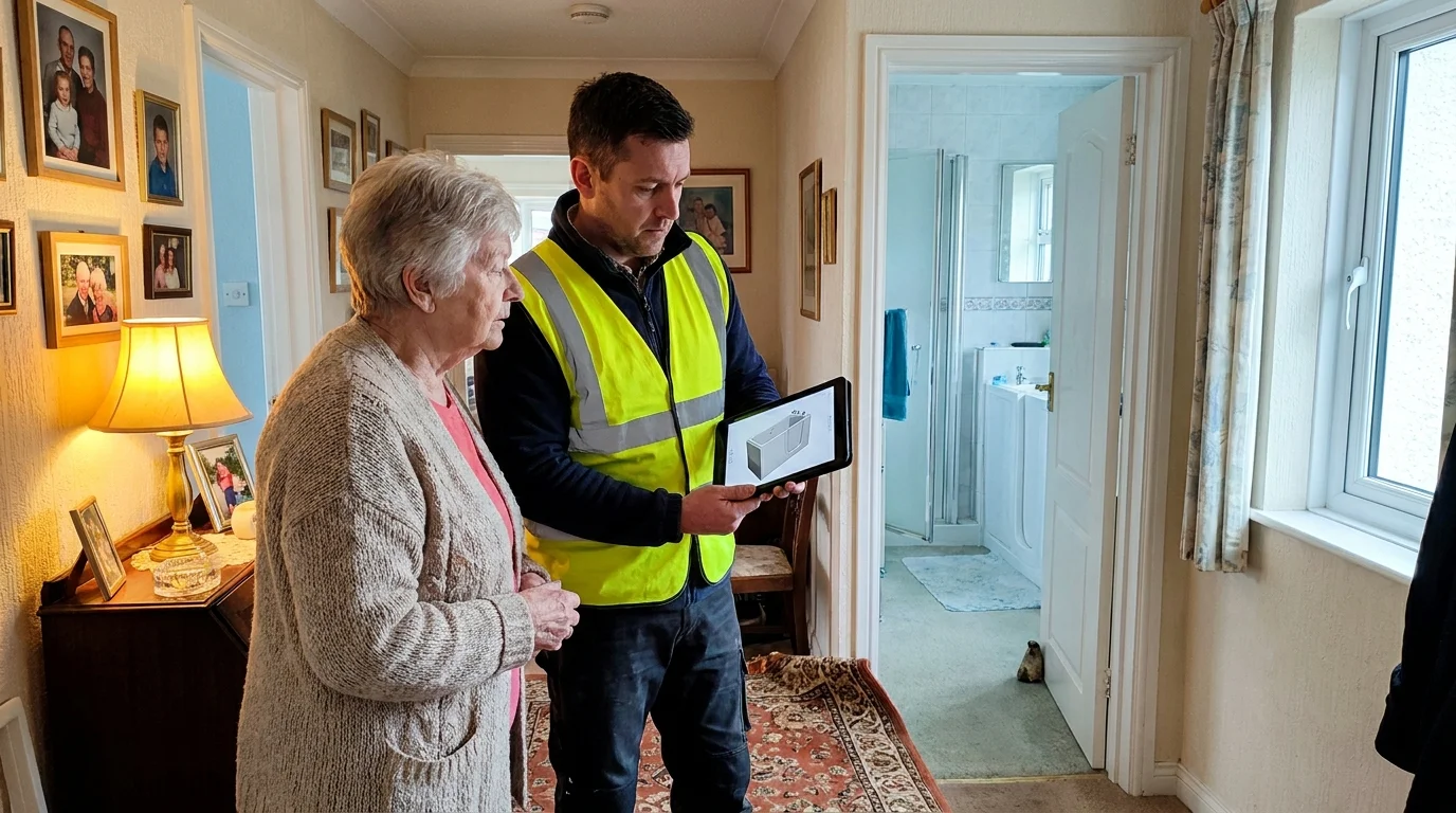 A senior woman consulting with a professional contractor about home accessibility upgrades.