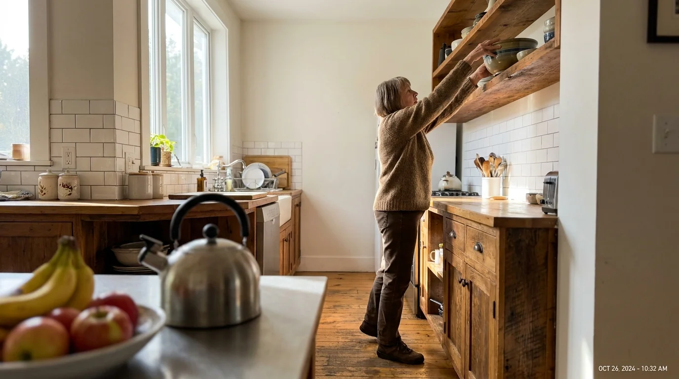 A senior woman in a domestic kitchen reaching toward a high shelf with both arms extended.