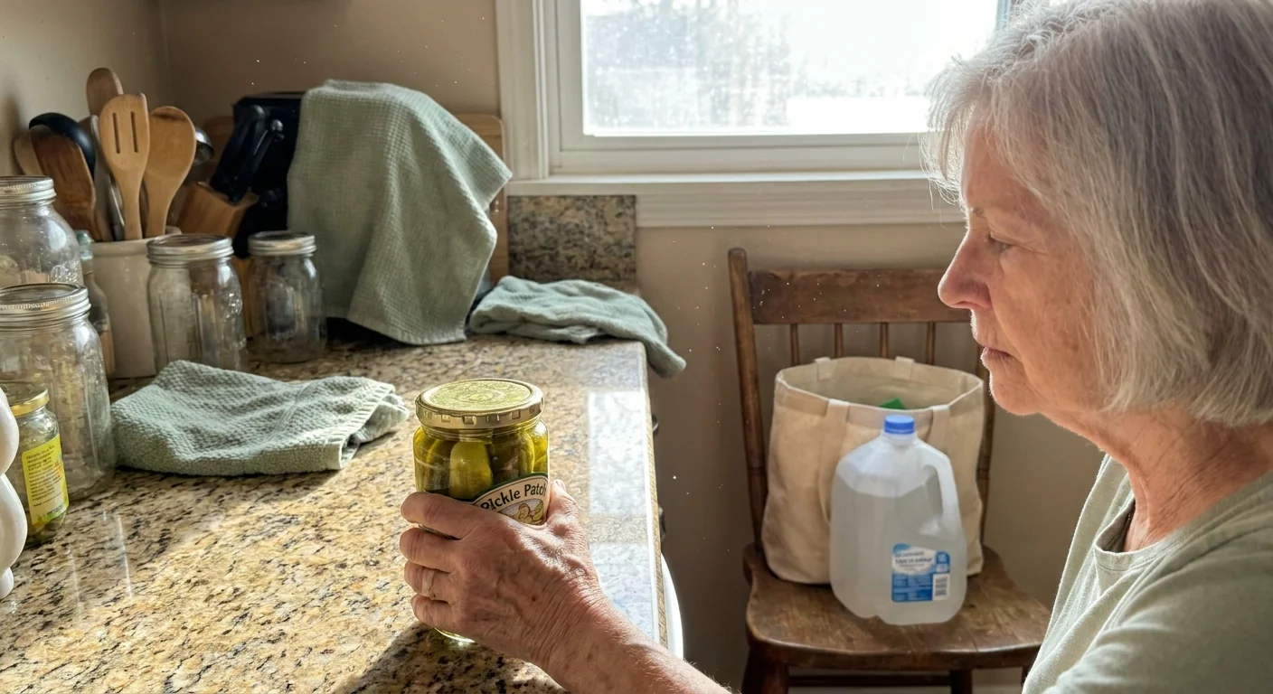 A senior woman in a sunlit kitchen attempting to open a jar of pickles as a test of her functional grip strength.