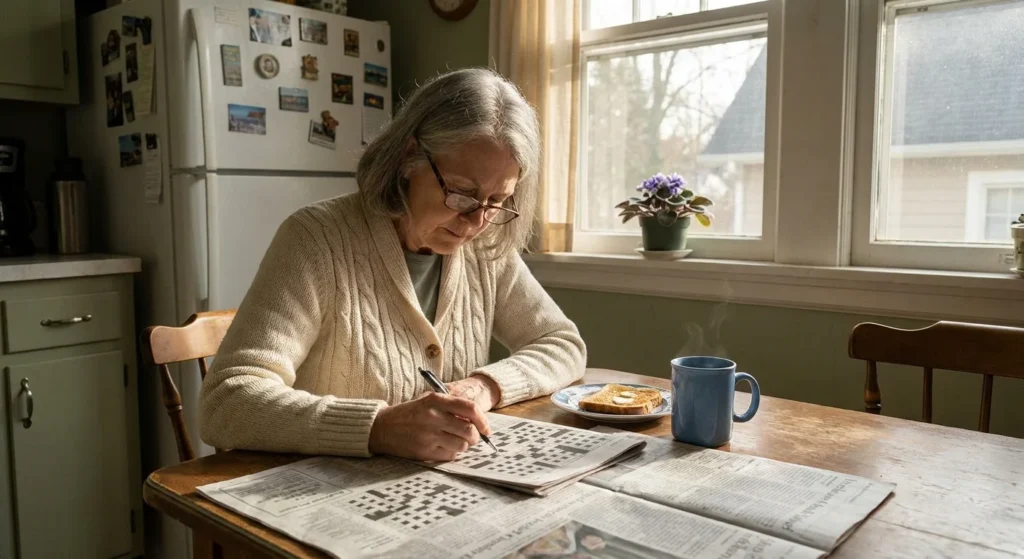 A senior woman in a sunlit kitchen focuses on a crossword puzzle with a cup of coffee nearby.
