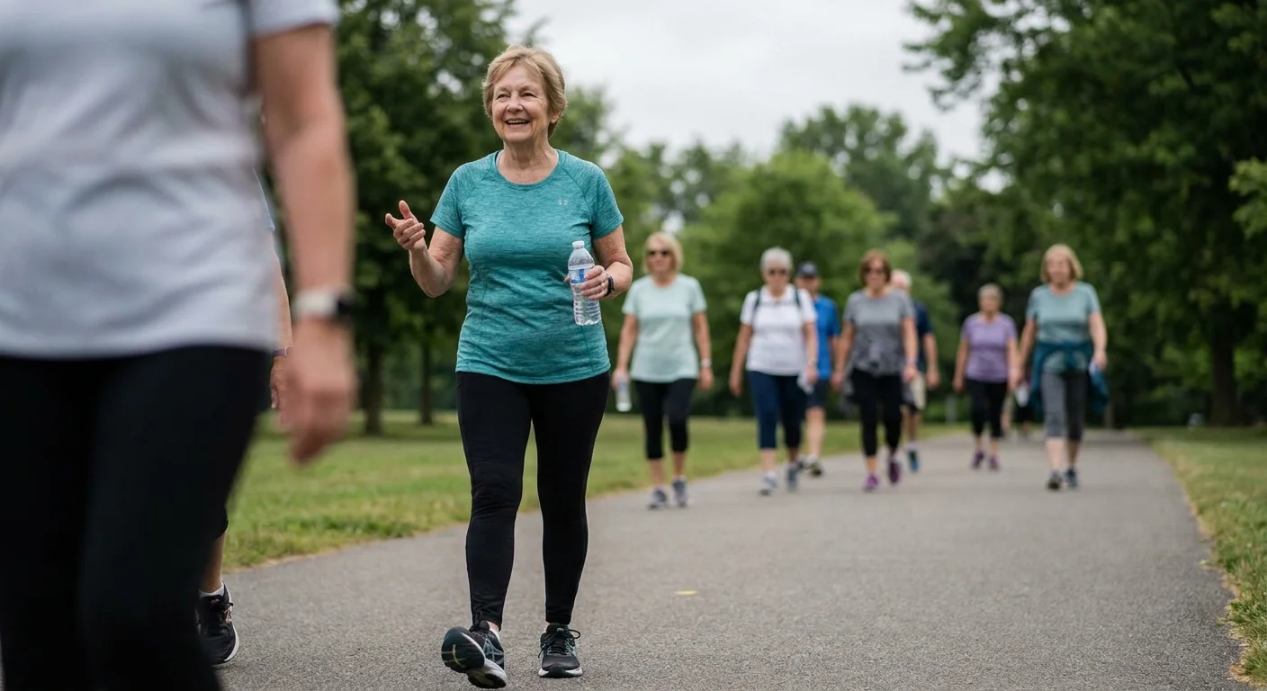 A senior woman in athletic wear walking and talking with friends on a park path during a SilverSneakers group session.