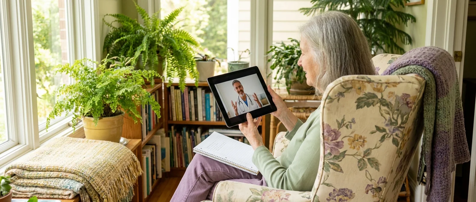 A senior woman in her sunroom having a video consultation with her doctor on a tablet.