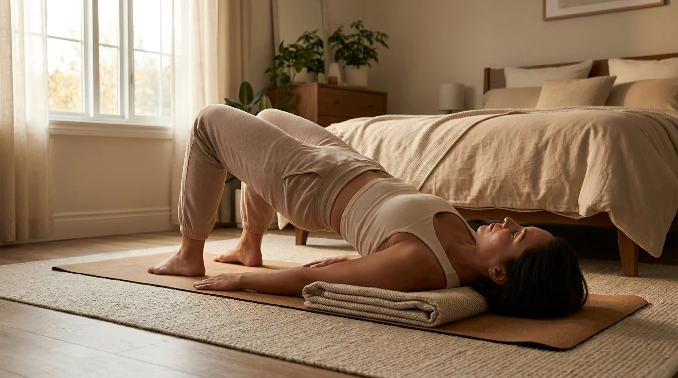 A senior woman performing a low, supported bridge pose on a yoga mat in her bedroom.