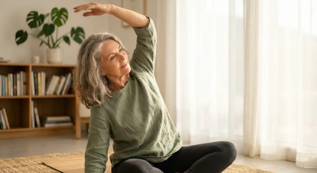 A senior woman practicing gentle yoga in a sunlit living room, emphasizing wellness and mobility.