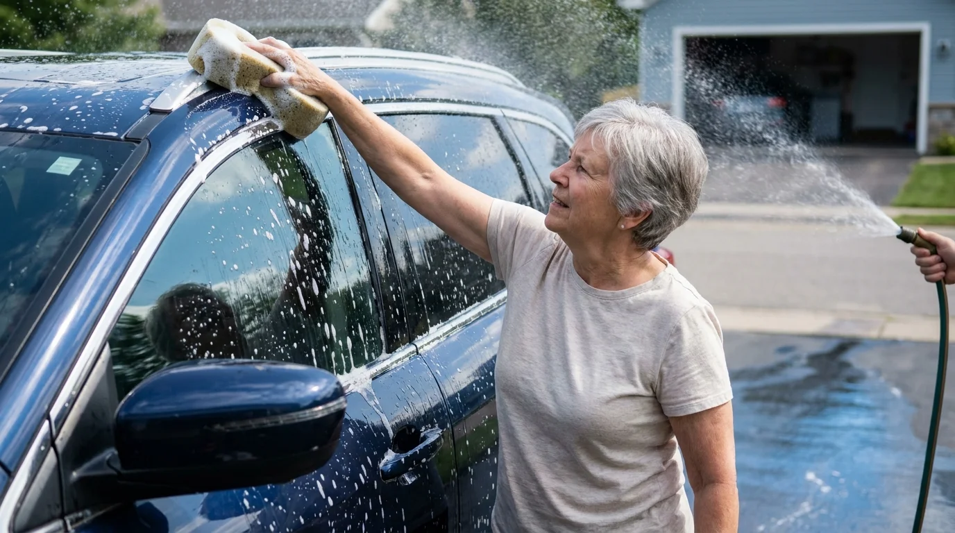 A senior woman reaches up with a soapy sponge to wash the roof of a blue car.