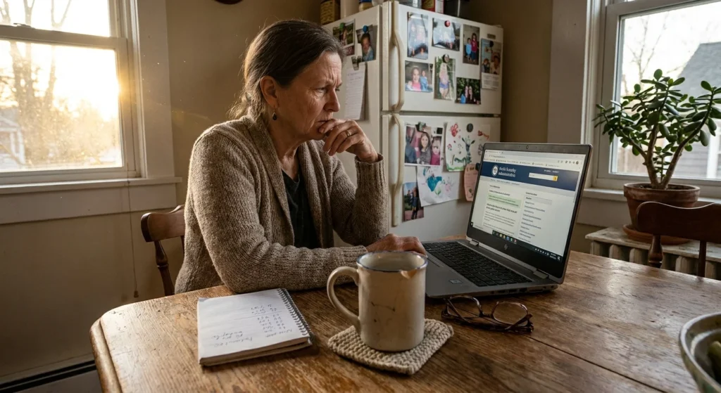 A senior woman reviews her Social Security statement at her kitchen table in warm afternoon light.