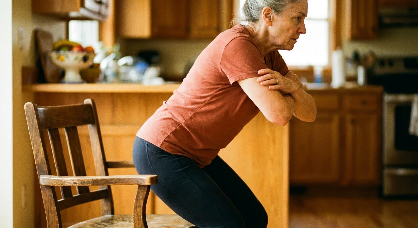 A senior woman rising from a chair with her arms crossed over her chest during a physical strength test.