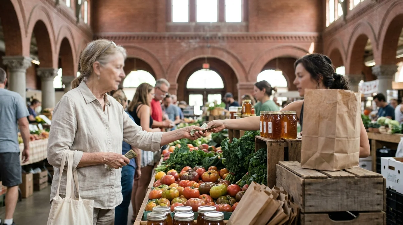 A senior woman shops for fresh flowers at the historic red-brick Central Market in Lancaster, Pennsylvania.