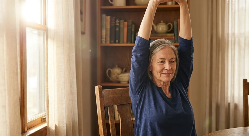 A senior woman sits on a sturdy wooden chair in a bright, sunlit room, performing a gentle overhead arm reach exercise.