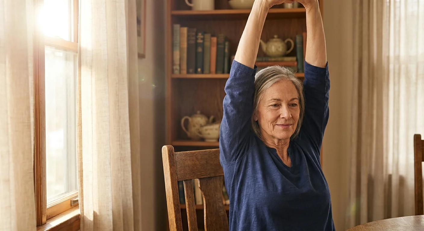 A senior woman sits on a sturdy wooden chair in a bright, sunlit room, performing a gentle overhead arm reach exercise.