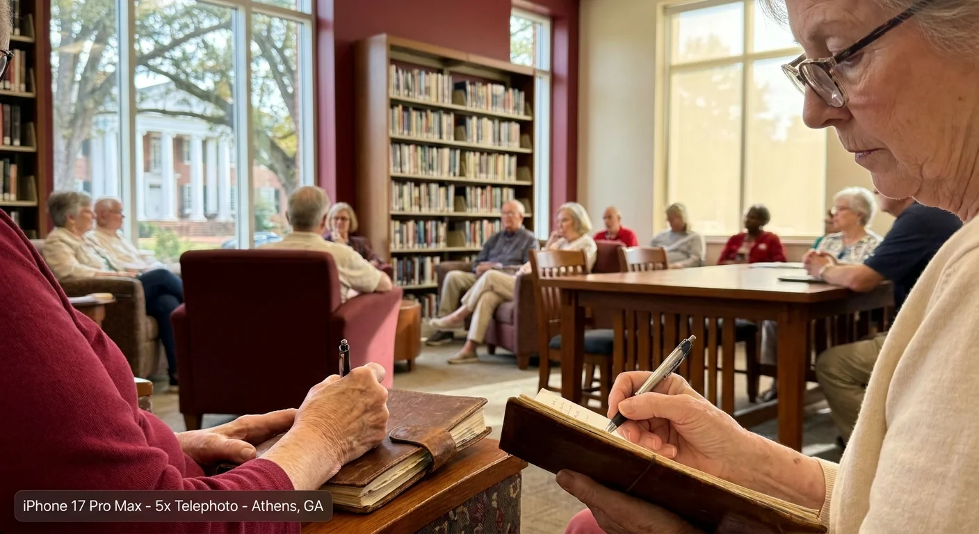 A senior woman takes notes during a lecture in Athens, Georgia, emphasizing the town's focus on lifelong learning.