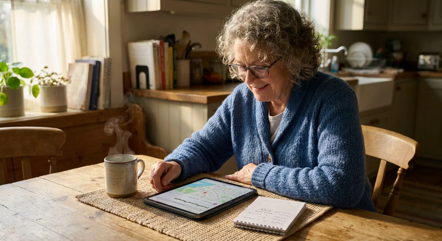 A senior woman using a tablet at her kitchen table to research local physical therapists.