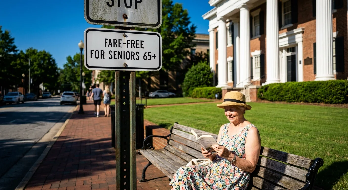 A senior woman waits at a bus stop in Athens, Georgia, next to a sign that reads 'Fare-Free for Seniors 65+.'