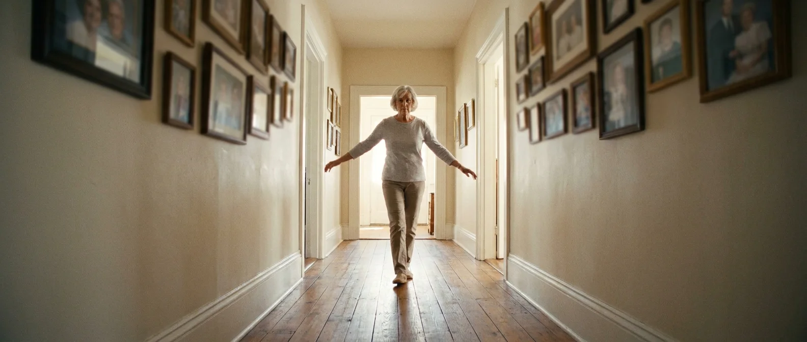 A senior woman walking in a straight line, placing one foot directly in front of the other in a hallway.