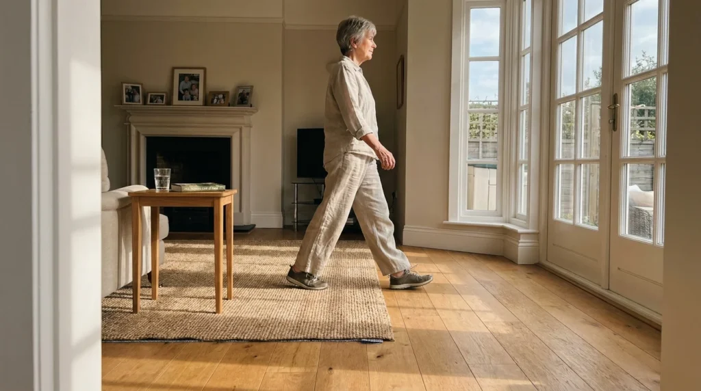 A senior woman walks safely across a well-lit, tidy living room, illustrating mobility and fall prevention.