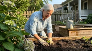A senior woman with silver hair kneels in her backyard garden, planting a seedling in the sun.