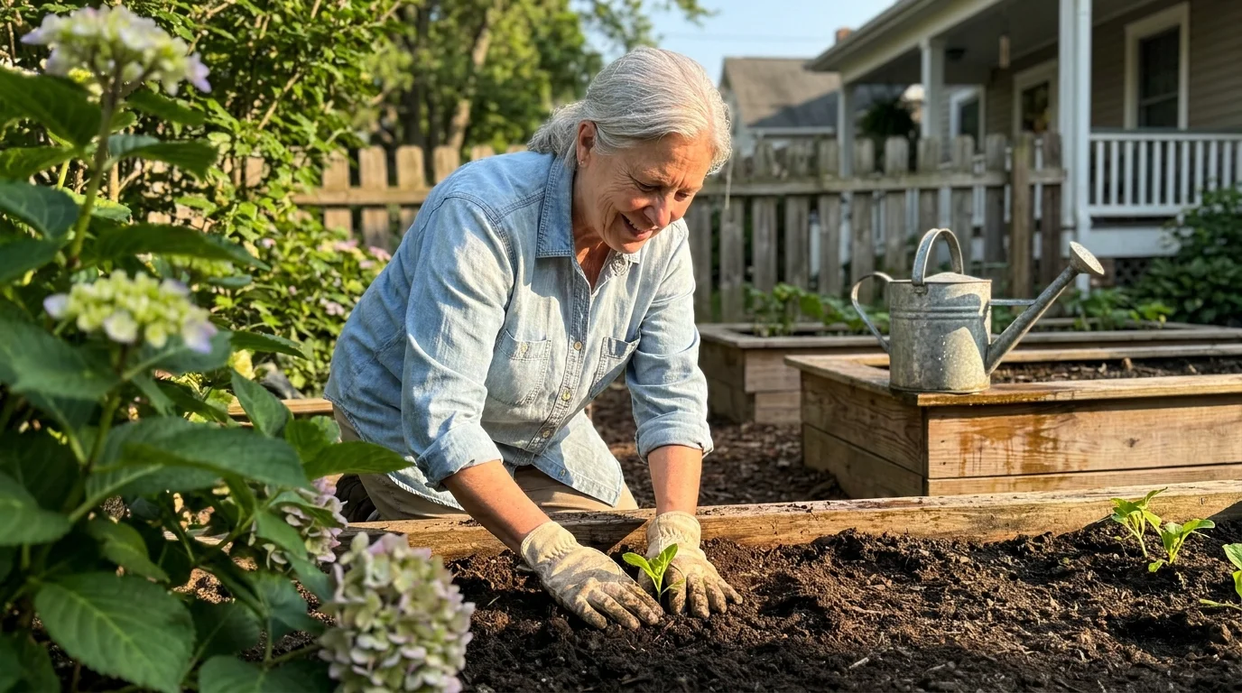A senior woman with silver hair kneels in her backyard garden, planting a seedling in the sun.