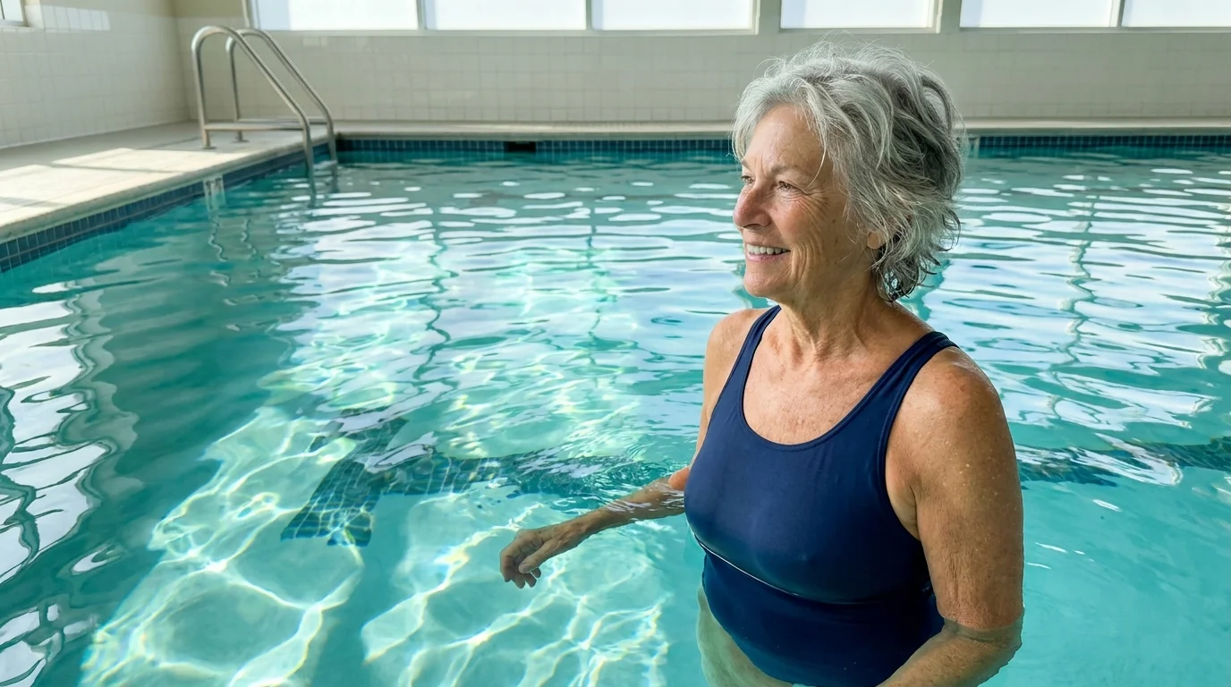 A senior woman with silver hair smiling while standing in a sunlit indoor swimming pool, appearing relaxed and active.