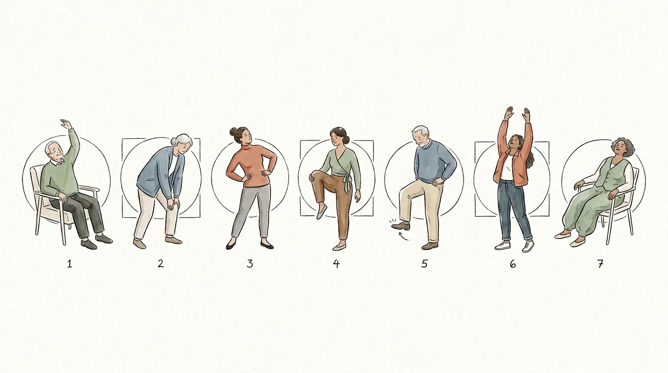 A series of seven ink and watercolor sketches showing various seated exercises like leg extensions, arm reaches, and torso twists.