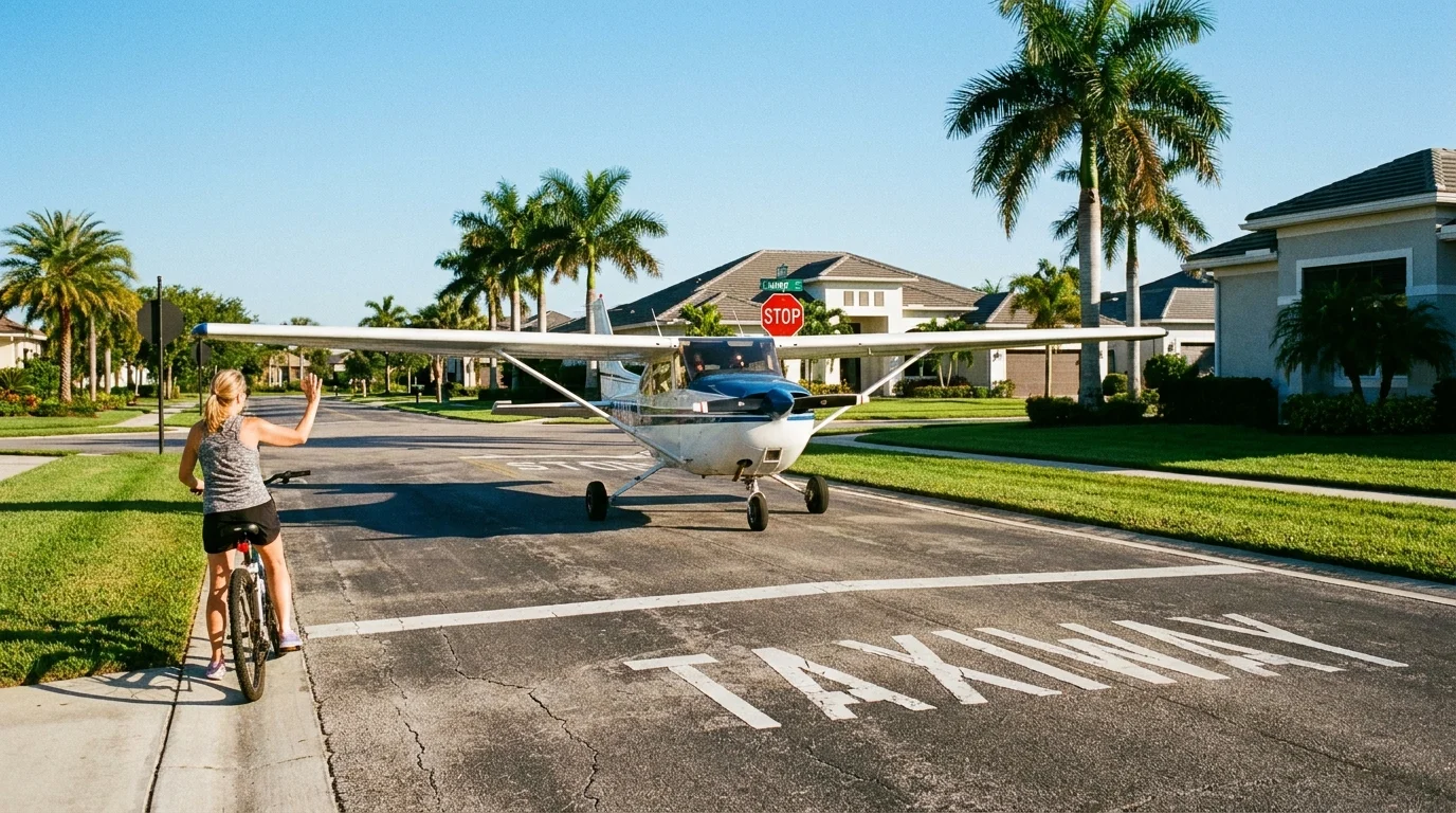 A small airplane taxies down a suburban residential street past houses and a person on a bicycle.