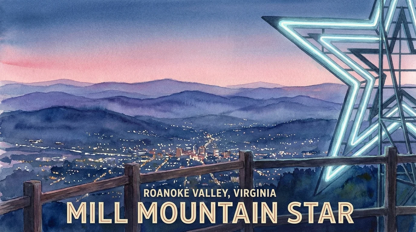 A soft watercolor painting of the Blue Ridge Mountains overlooking the valley city of Roanoke at dusk.