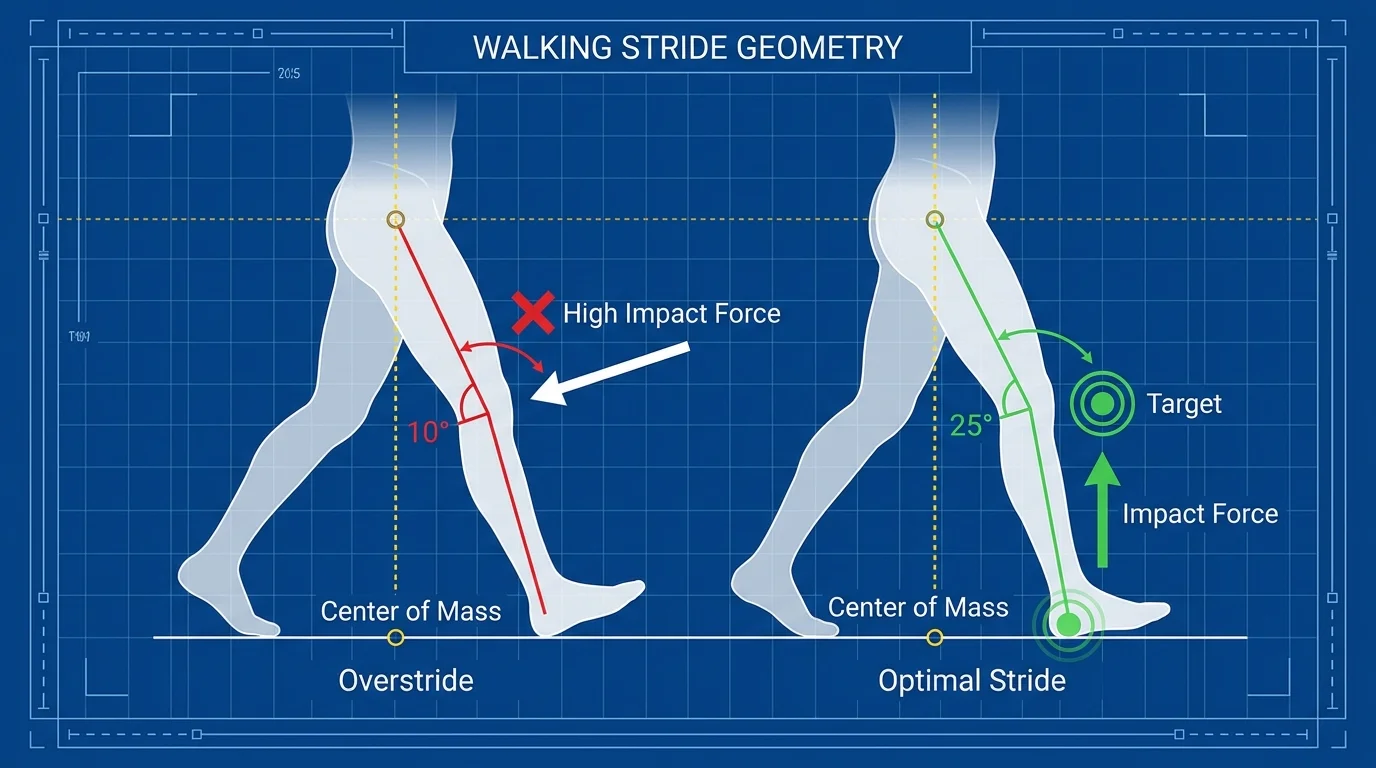 A stride analysis diagram comparing a long overstride to a shorter, safer step that protects the knees.