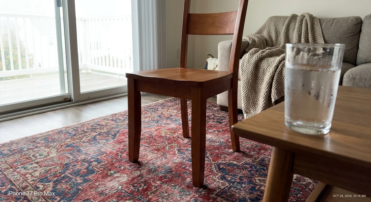 A sturdy, armless wooden chair sits on a rug next to a glass of water, illustrating a safe setup for seated exercises.