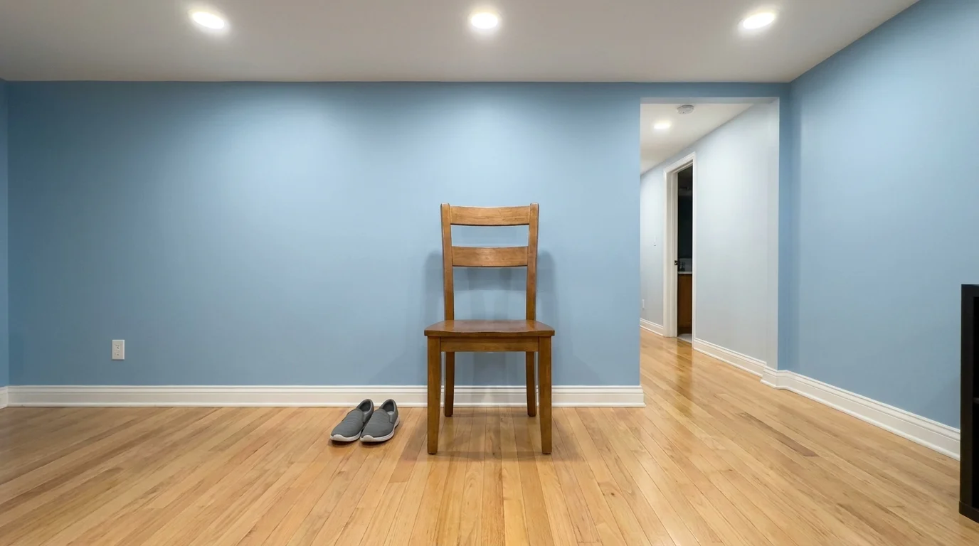 A sturdy chair placed against a wall on a clear hardwood floor, showing a safe environment for coordination testing.