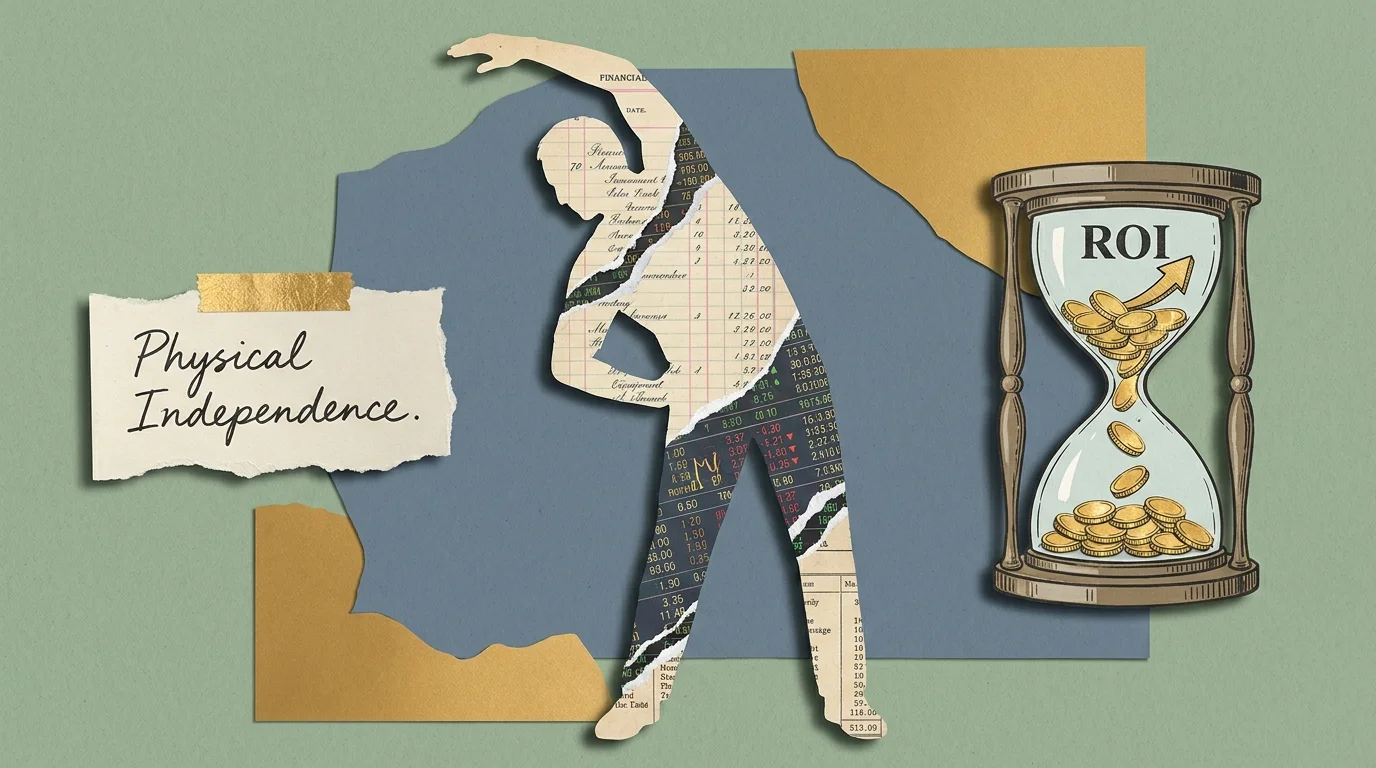 A stylized collage showing a senior stretching, integrated with financial ledger paper and gold coins to represent health as an investment.