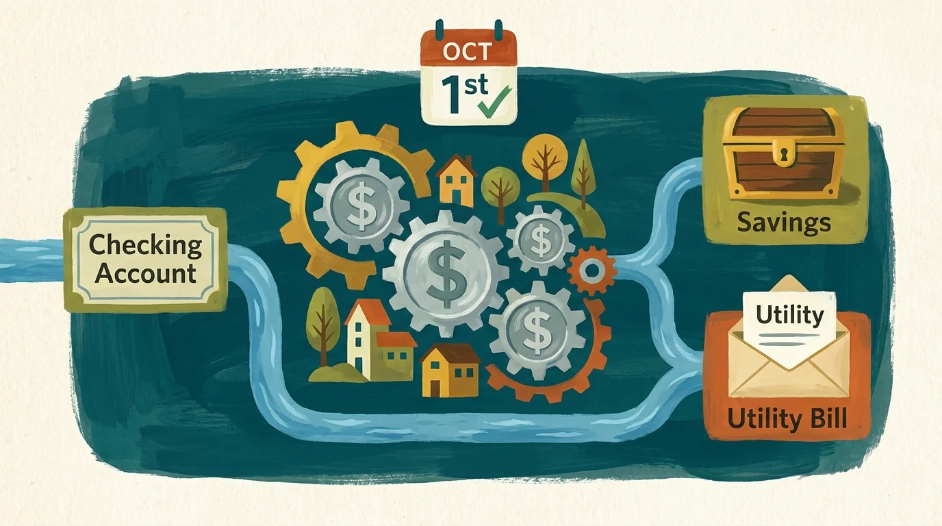 A stylized gouache illustration of gears and coins moving automatically into savings and bill categories.