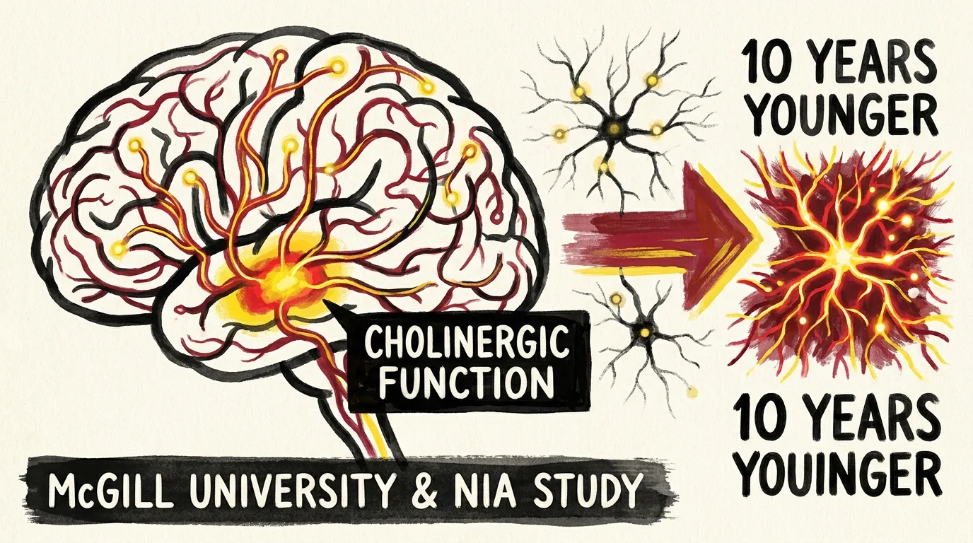 A stylized illustration showing a brain's neural pathways being restored to a younger state, referencing the McGill University study.