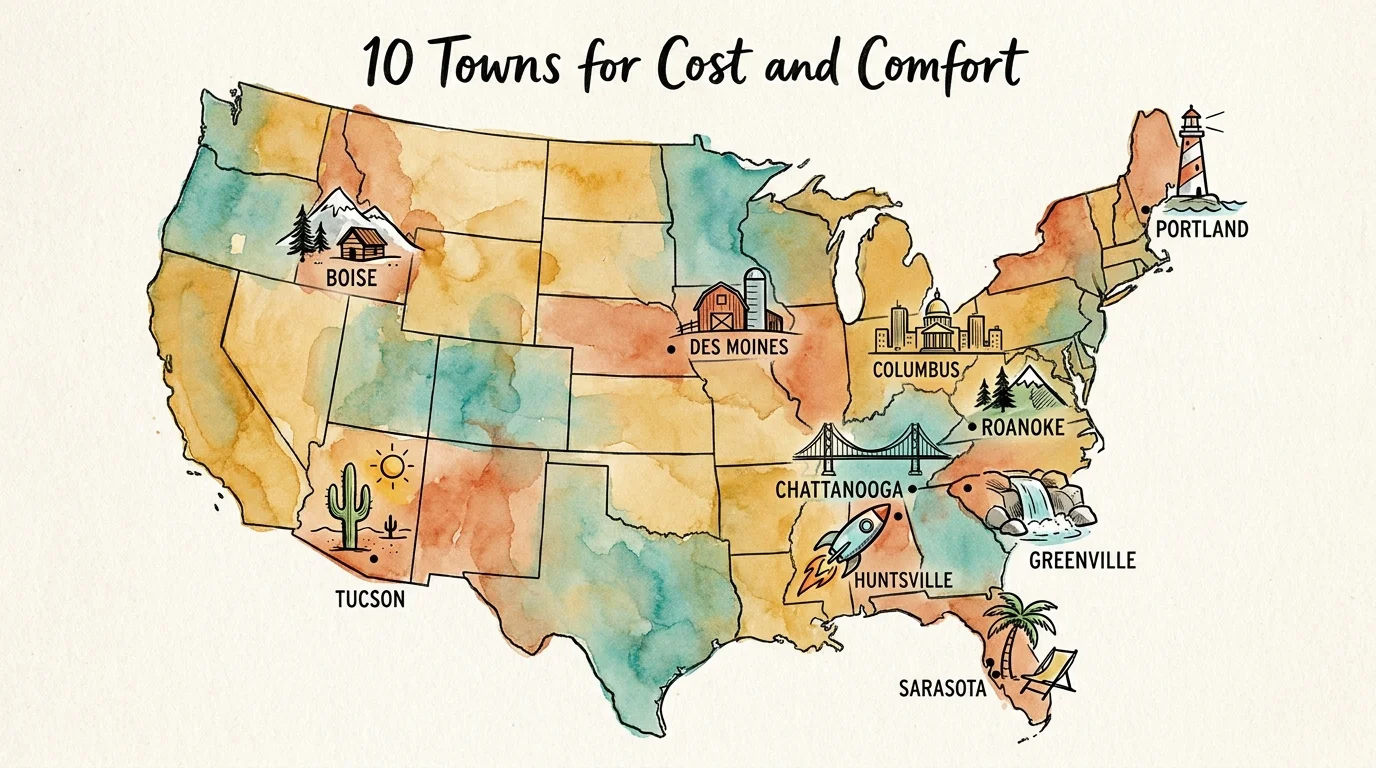 A stylized watercolor map of the U.S. with icons marking ten affordable and comfortable retirement destinations.