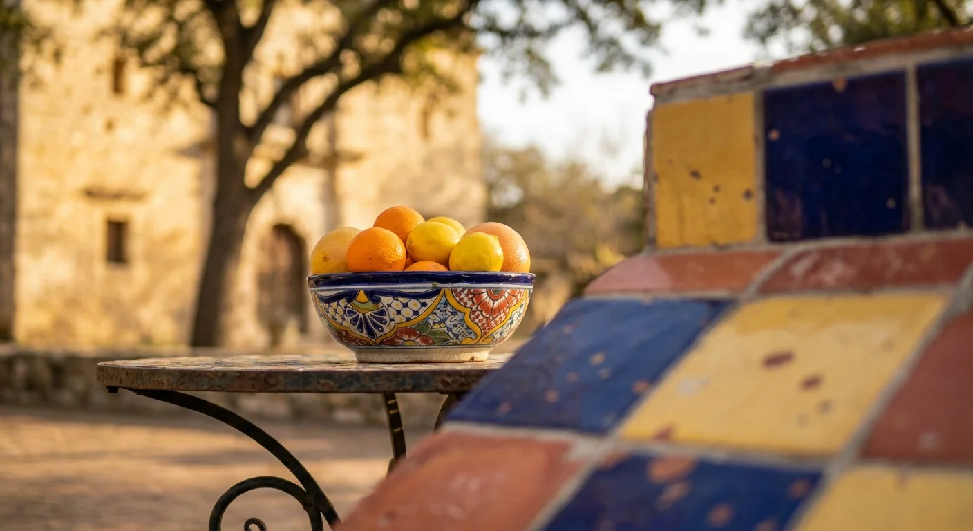 A sun-drenched patio in San Antonio with colorful tiles and historic limestone architecture in the background.