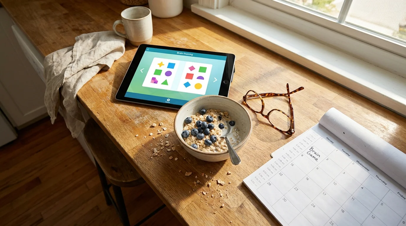 A tablet with a brain-training app sits on a breakfast counter next to oatmeal and a calendar marking a daily routine.