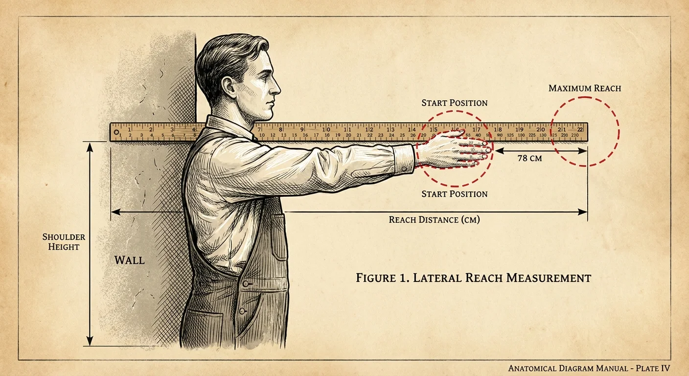 A technical diagram showing a person reaching forward along a ruler to measure their functional reach distance.