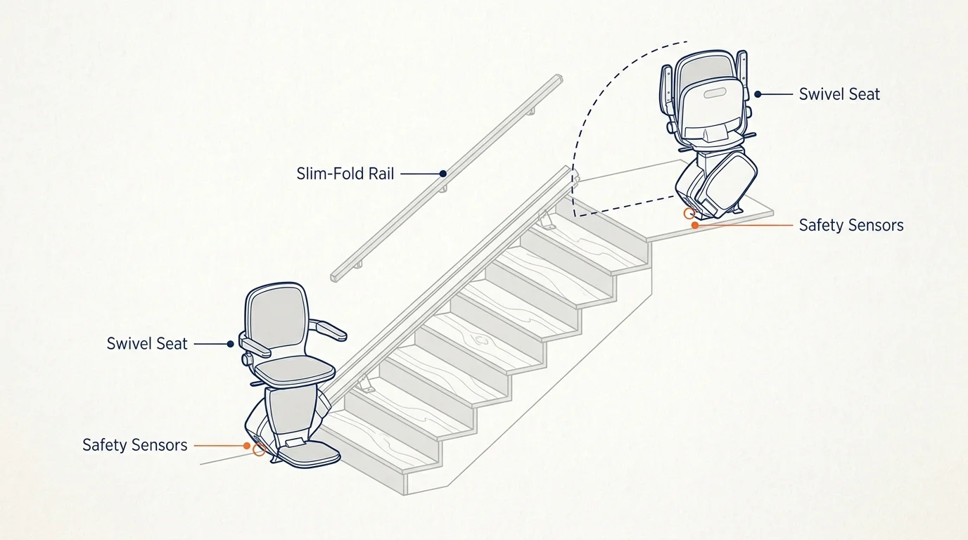 A technical diagram showing the components of a home stairlift, including the seat, rail, and safety sensors.