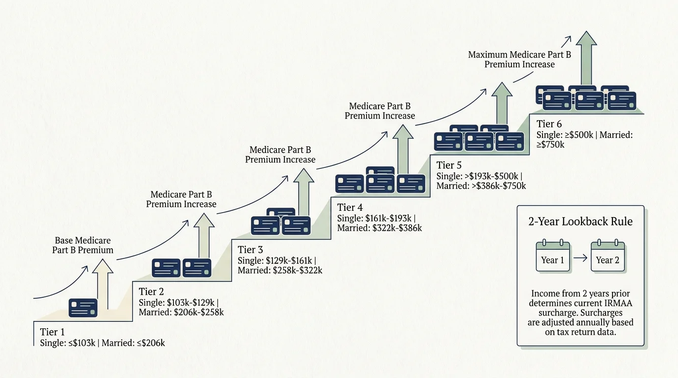 A tiered diagram showing how Medicare premiums increase as income rises, illustrating the IRMAA surcharge.