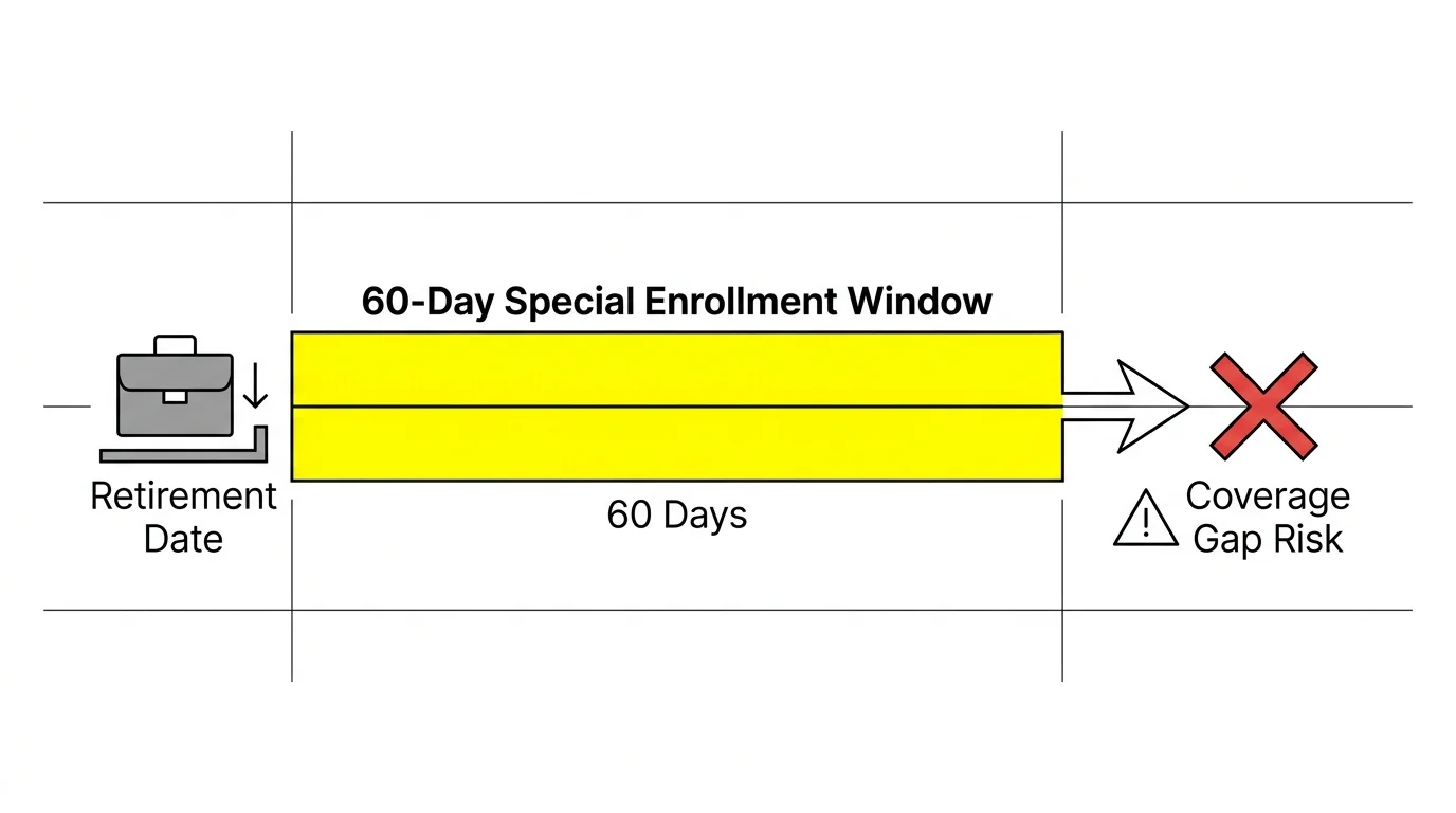 A timeline diagram highlighting the critical 60-day special enrollment window following retirement.