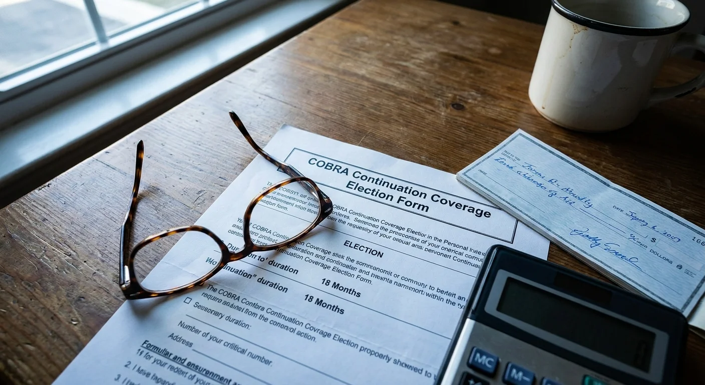 A top-down photo of a COBRA enrollment form, reading glasses, and a calculator on a wooden desk in morning light.