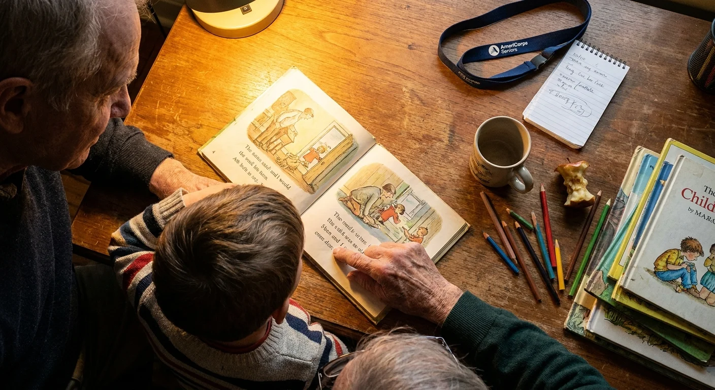 A top-down photo of a senior volunteering to read with a child, with an AmeriCorps Seniors lanyard visible on the desk.