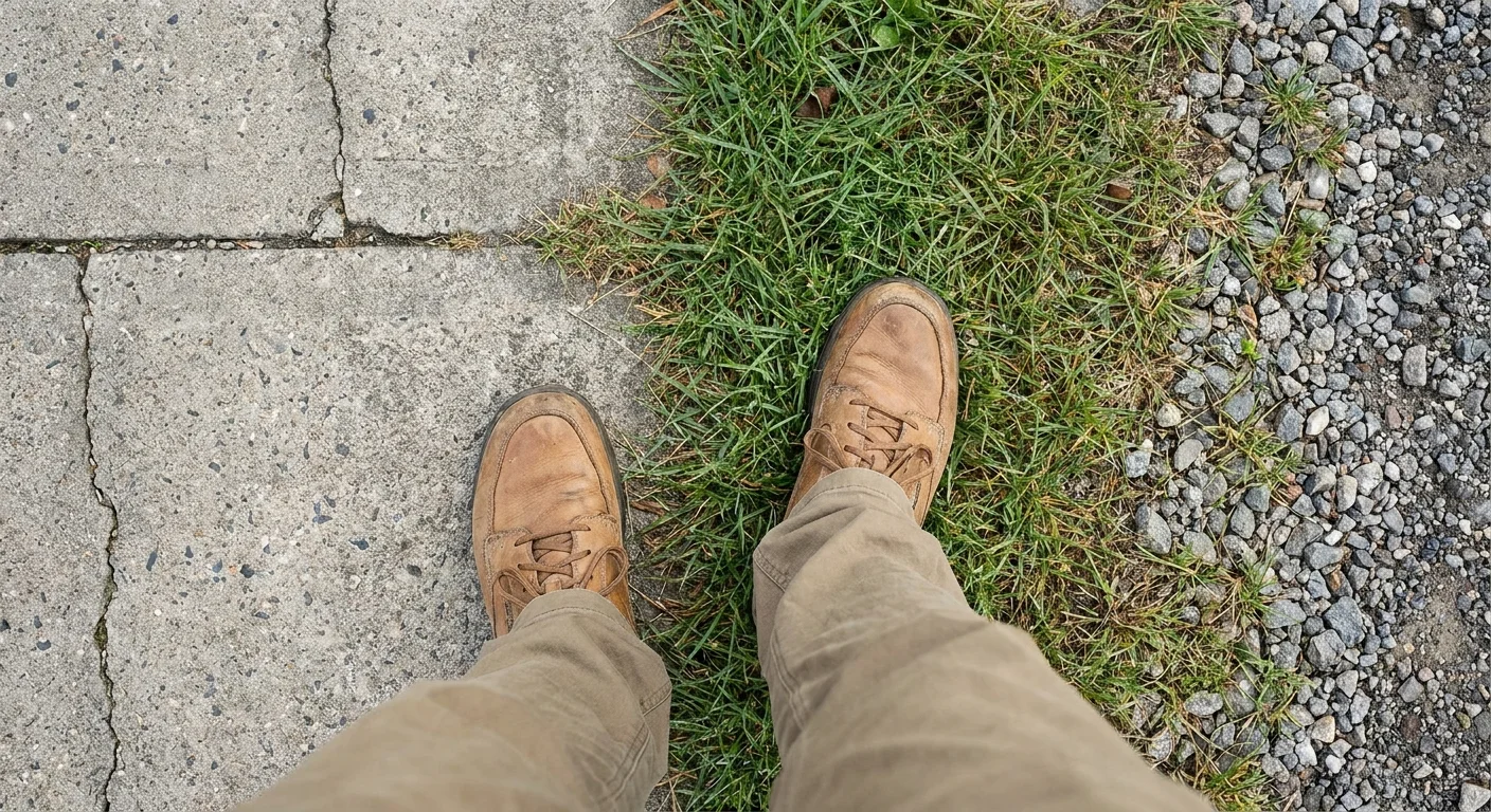 A top-down photo of feet walking across a transition from pavement to grass and gravel to illustrate varied terrain.