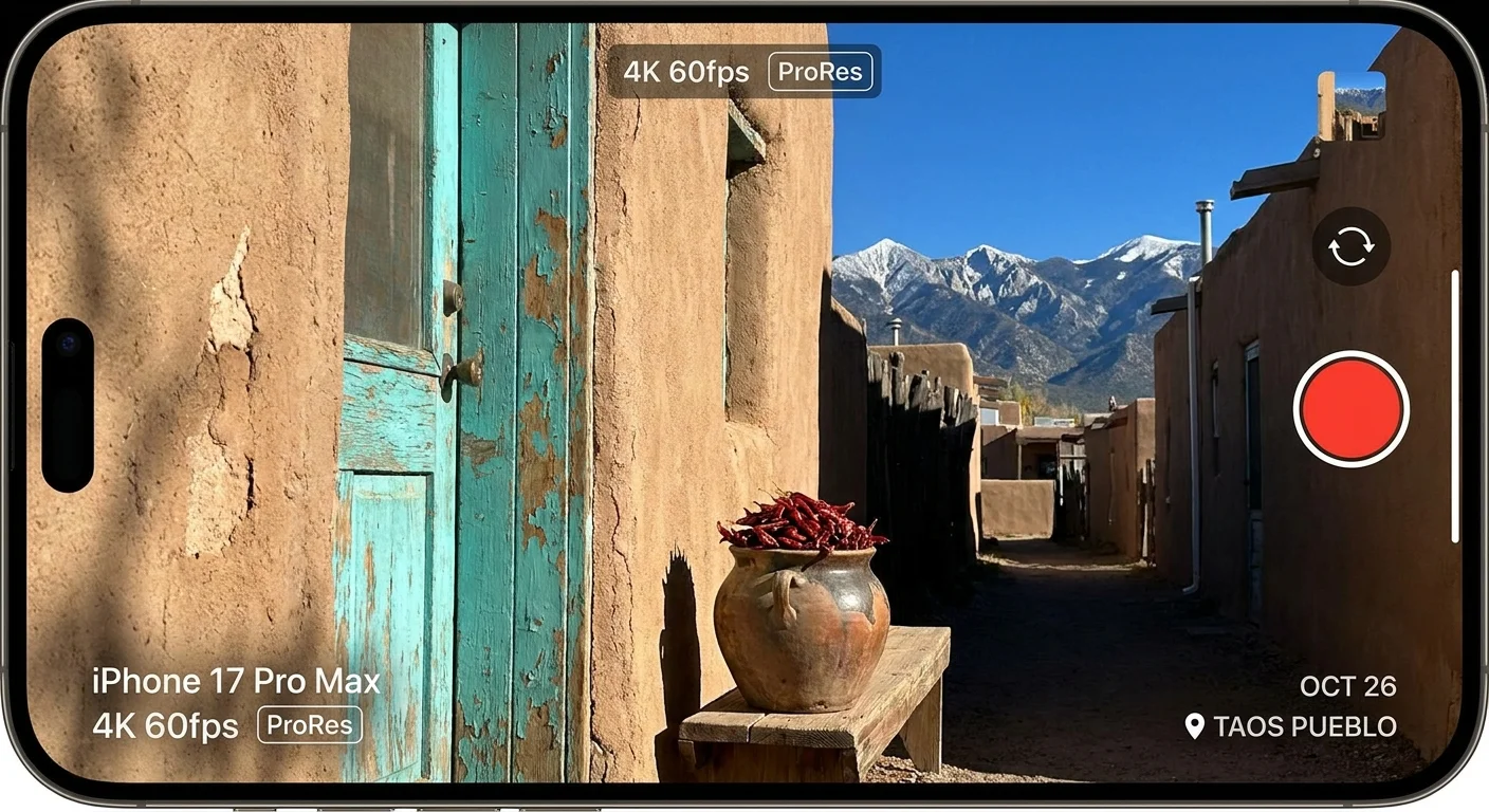 A turquoise door on an adobe building in Taos, New Mexico, with snow-capped mountains in the background.