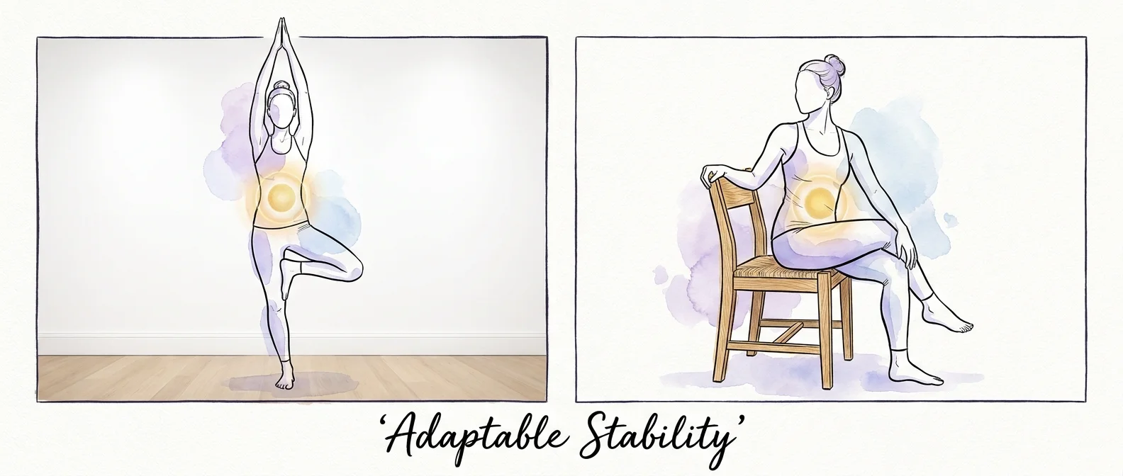 A two-part watercolor illustration showing both traditional yoga and chair yoga poses for seniors.