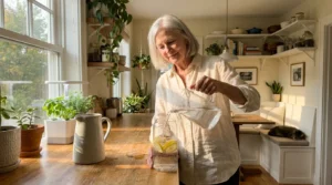A vibrant senior woman pouring lemon water in a sunlit kitchen, representing a healthy morning routine.