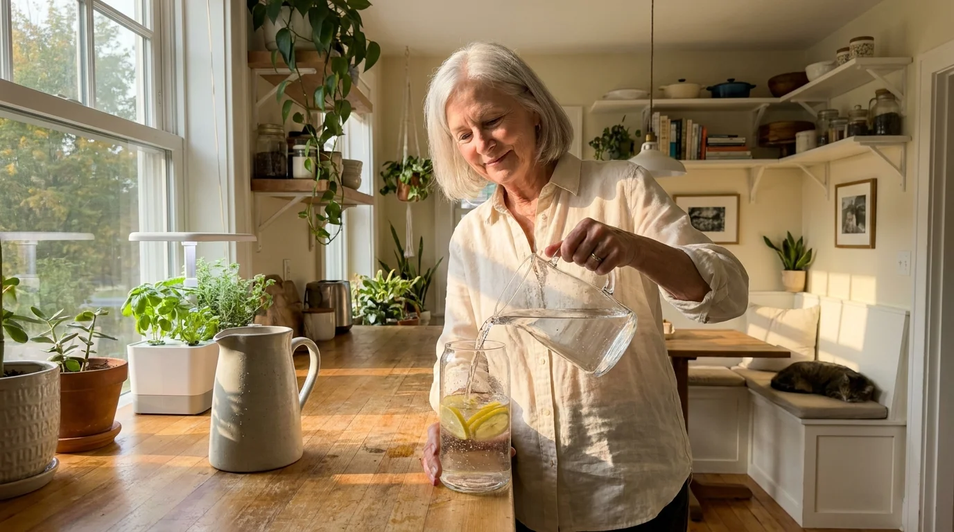 A vibrant senior woman pouring lemon water in a sunlit kitchen, representing a healthy morning routine.