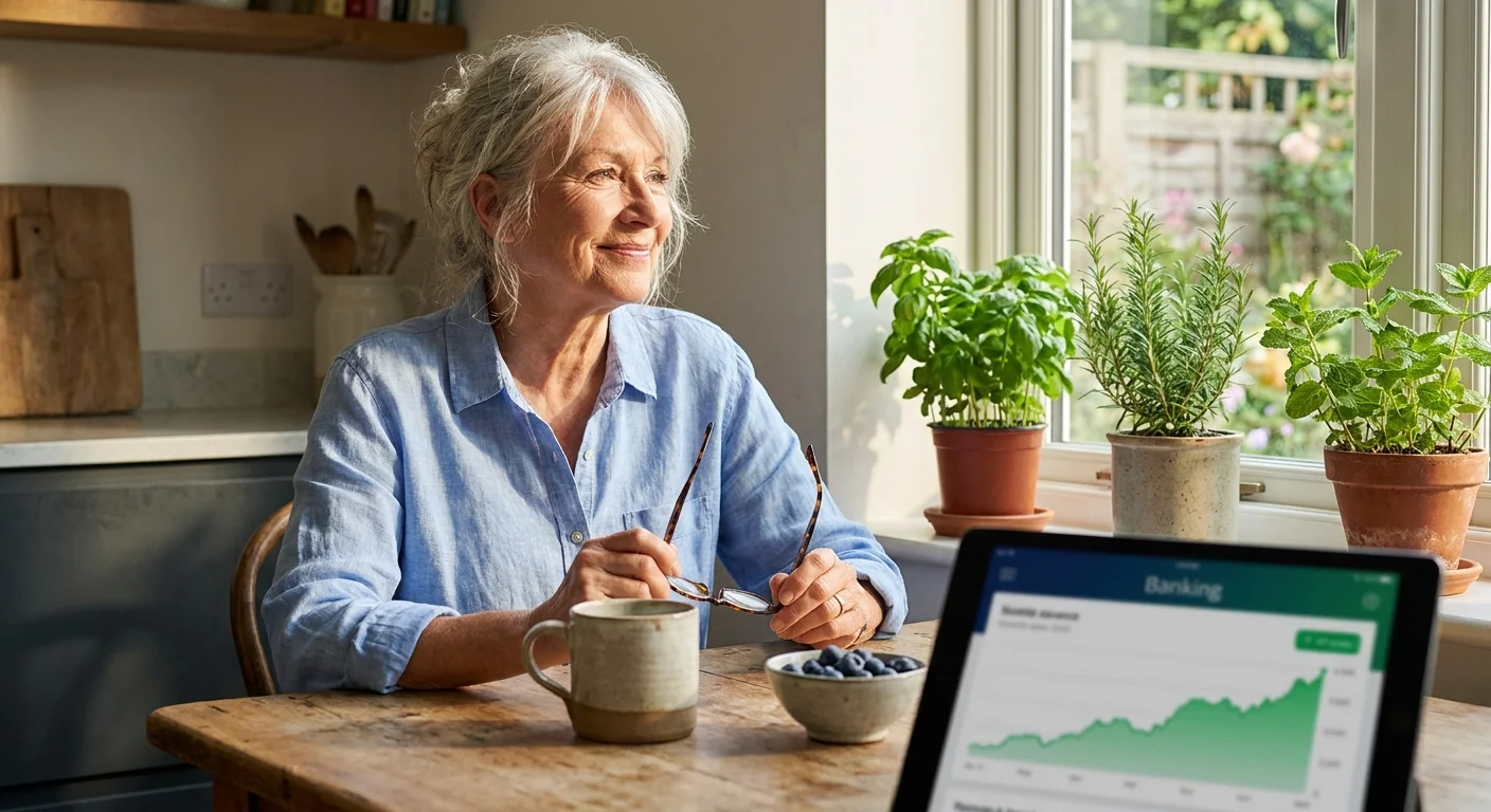 A vibrant senior woman sitting in a sunlit kitchen with healthy food and a tablet, representing a balance of health and financial peace.