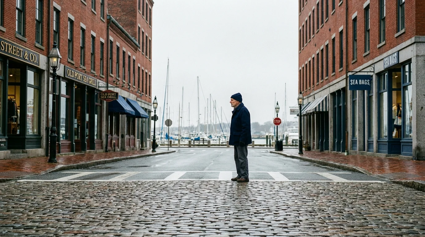 A view down a cobblestone street in Portland, Maine's Old Port, with a retiree waiting to cross the street near the harbor.