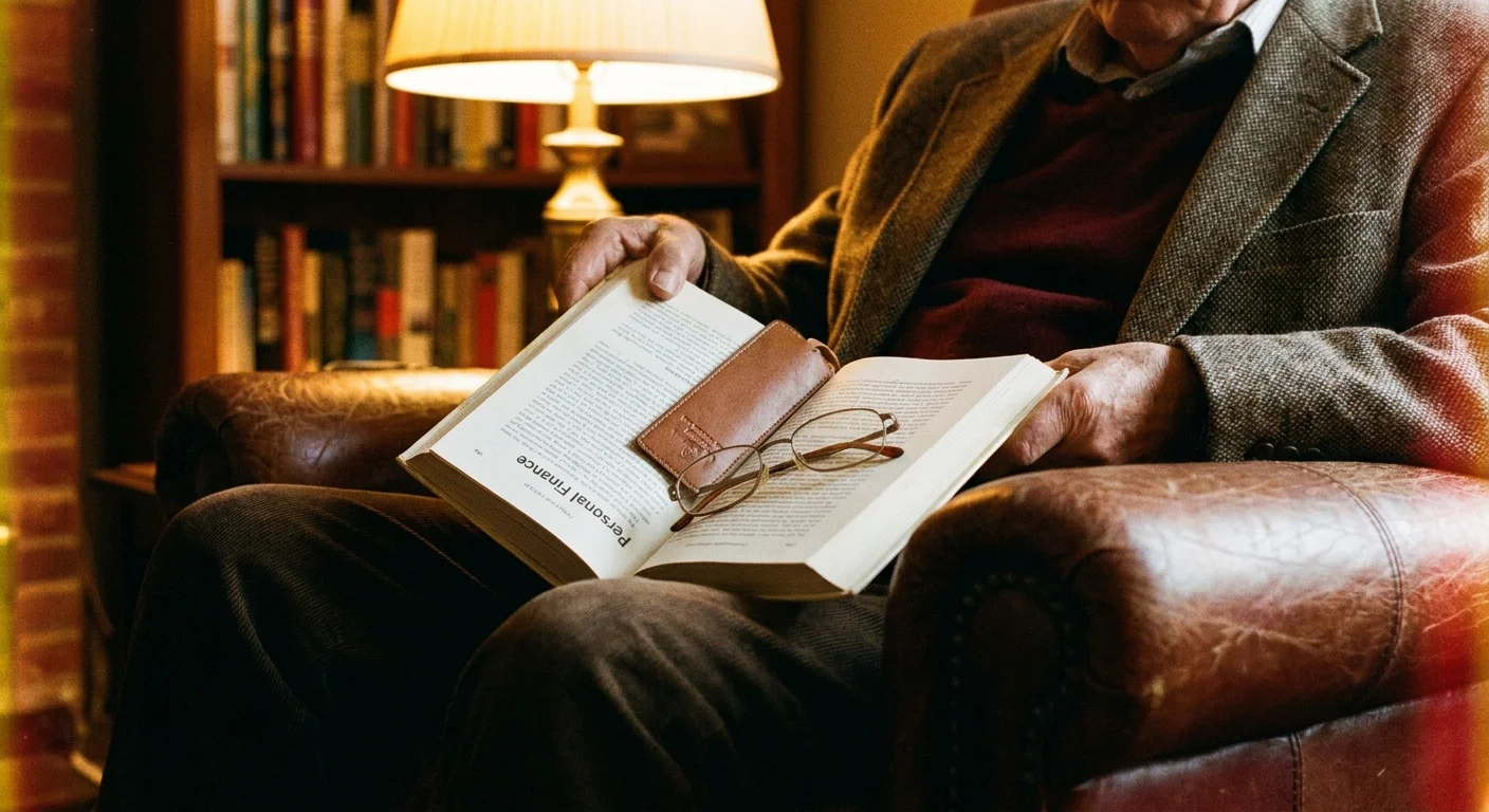 A warm, film-style photo of a person reading a book about personal finance while sitting in a comfortable chair.