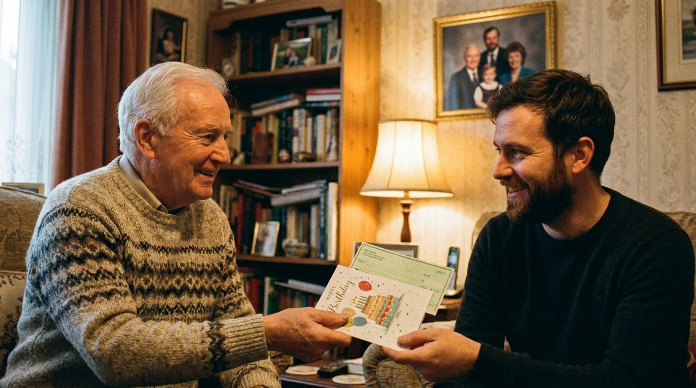 A warm photo of an older man handing a card to his adult son, representing financial support for family members.